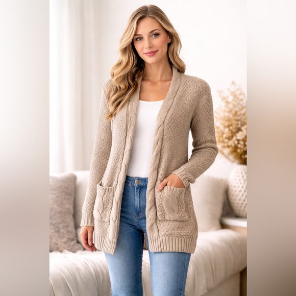 Pink Rose Sweaters - Pink Rose Beige Cable Knit Cardigan Sweater Small Open Front Longline Pockets